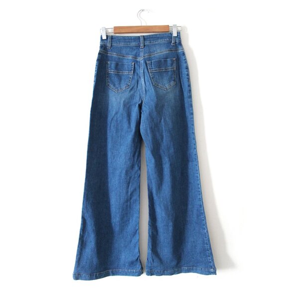 Elisabetta Franchi Palazzo Jeans 31" / Size 27 / Blue Button High Rise Wide Leg - Picture 6 of 11